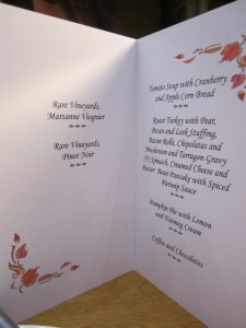 The menu for the evening, at our Thanksgiving celebration at St. Catz, Oxford