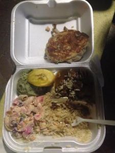 My friend Jack's dish of karko stoba, or conch stew, served with rice, pasta salad, mashed potatoes, plantains, and a pumpkin pancake. Yum!