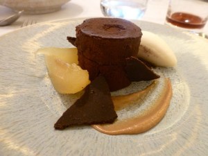 ​My Murano dessert. Chocolate cake with pear filling, pear ice cream, and pear pieces. 