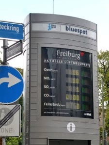 These track levels of different chemical pollutants that are in the air and gives a green, yellow, or red light depending on the air quality. Freiburg gets all green!