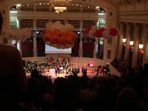 Looking down onto the main dance floor from a balcony.