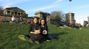 My friend Bec and I picnicking on Calton Hill