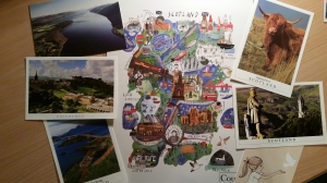 To me, these things are the best representation of what I experienced in Scotland. The map represents where I was, and each postcard represents my favorite things about Scotland. 