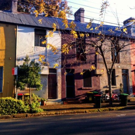 This is my favorite street in Redfern, called Vine Street. Walking past the brightly-colored houses on my walk to the station always puts a smile on my face.
